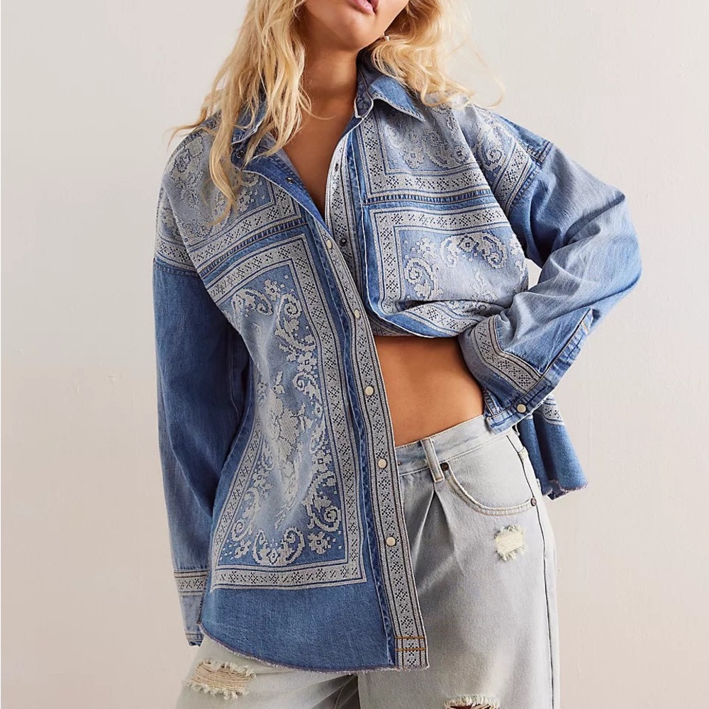 Free People Lace Embroidered Denim Top